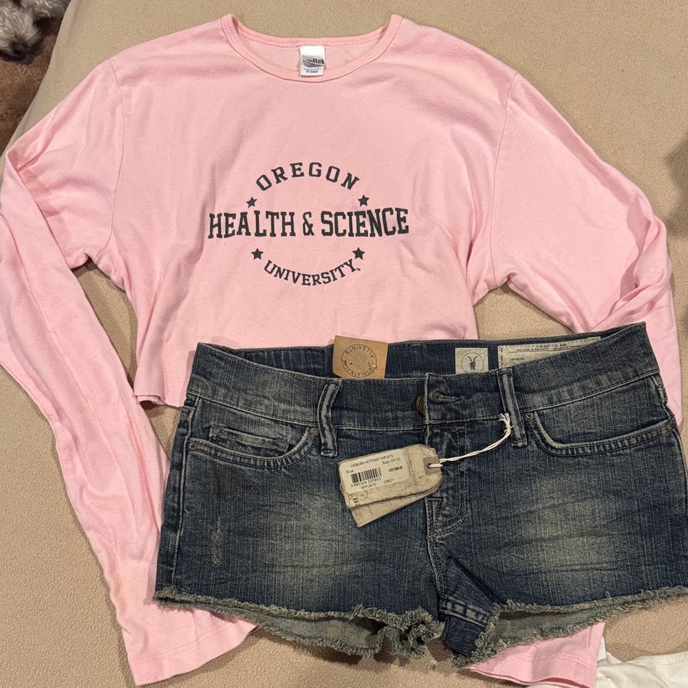 TO DIE FOR.. All Saints Blue Denim Shorts & Pink Long Sleeved Cropped Top